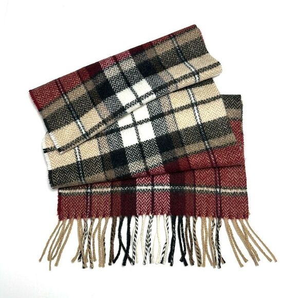 Geoffrey Beene Plaid Wool Scarf Red Gray Beige Made in Italy Vintage Unisex - Picture 4 of 9